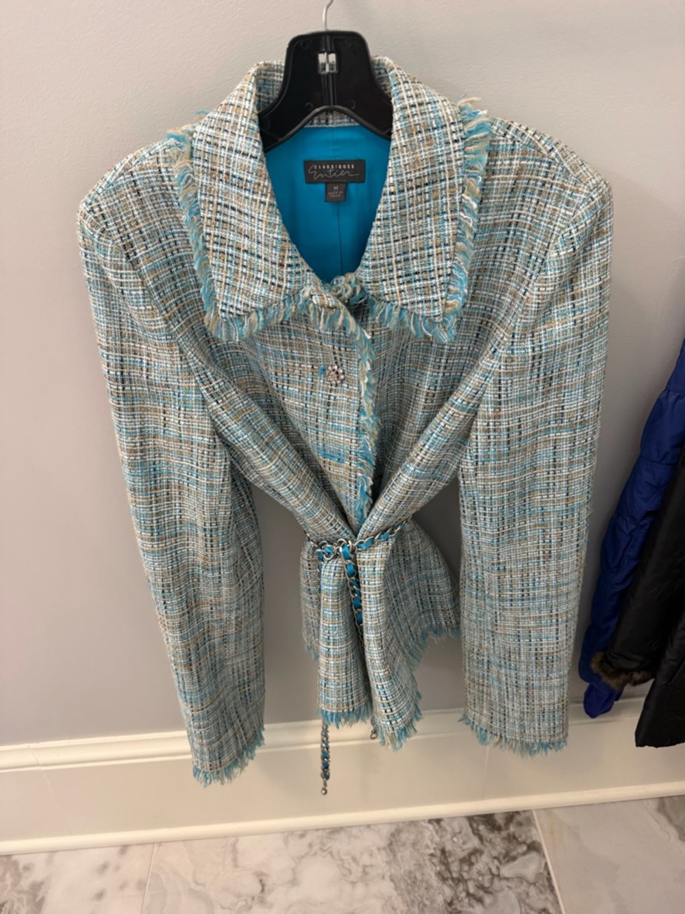 Classiques Entier Tweed Fringe Tie-Waist Jacket in Light Blue and Beige w Belt
